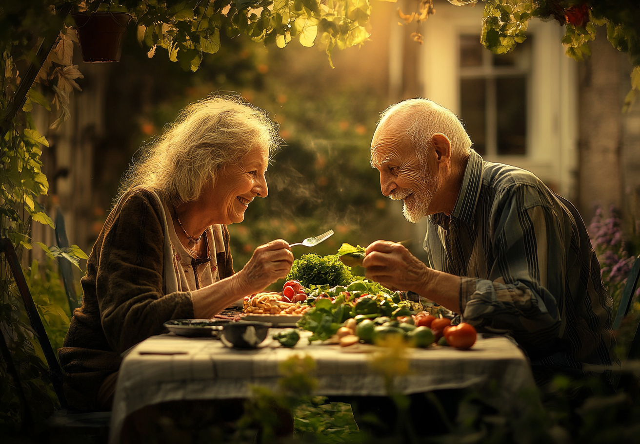 Щасливе активне старше подружжя насолоджується здоровою їжею
